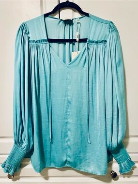 Elie Tahari Aqua V-Neck Peasant Blouse with Smocked Cuffs